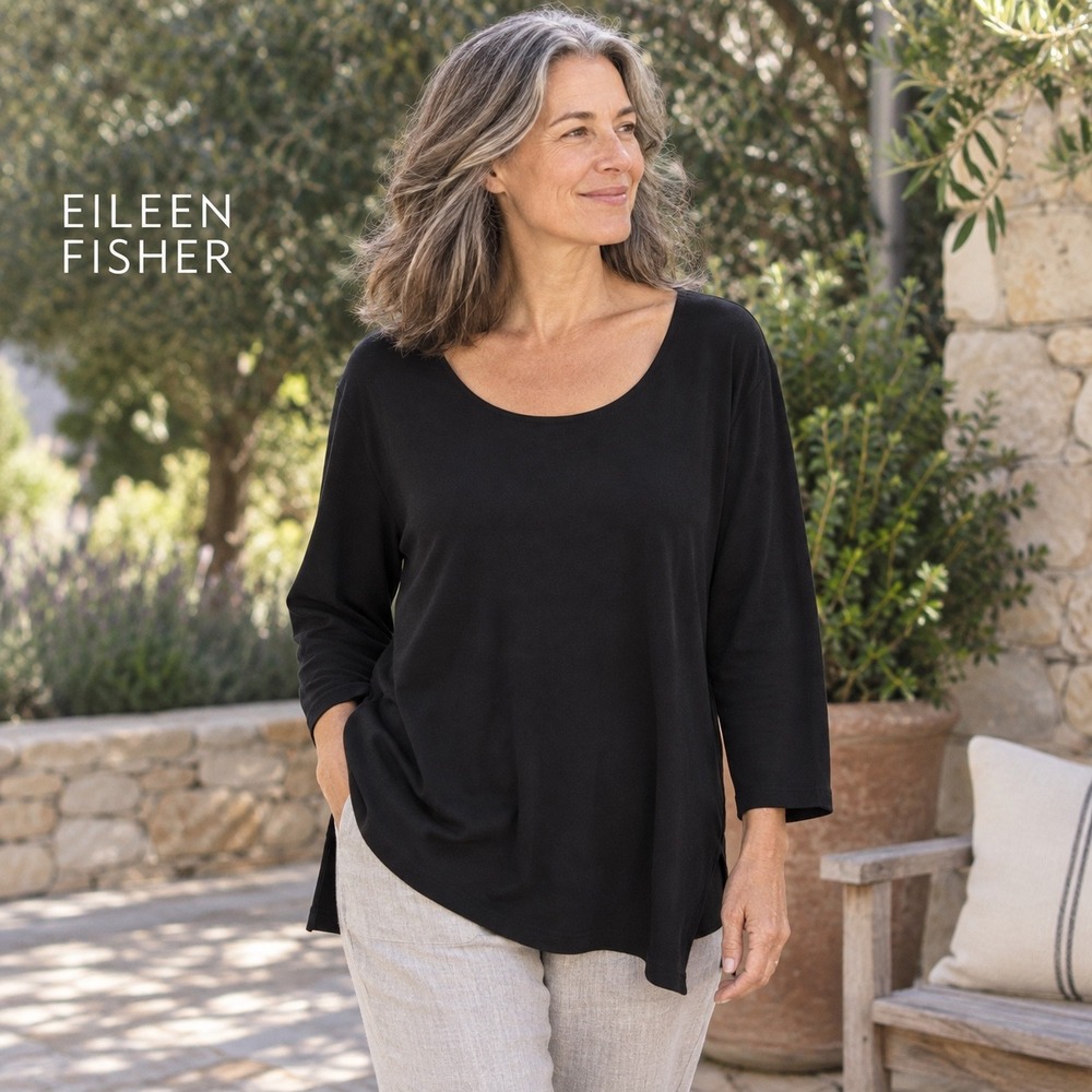 Eileen Fisher Black Organic Cotton Scoop Neck Tunic Top Medium 3/4 Sleeve